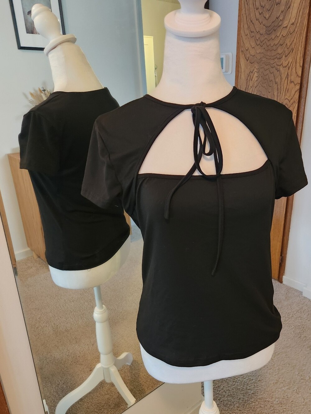 (2 For $25) Casual Black Tie-Front Cutout Top Tee